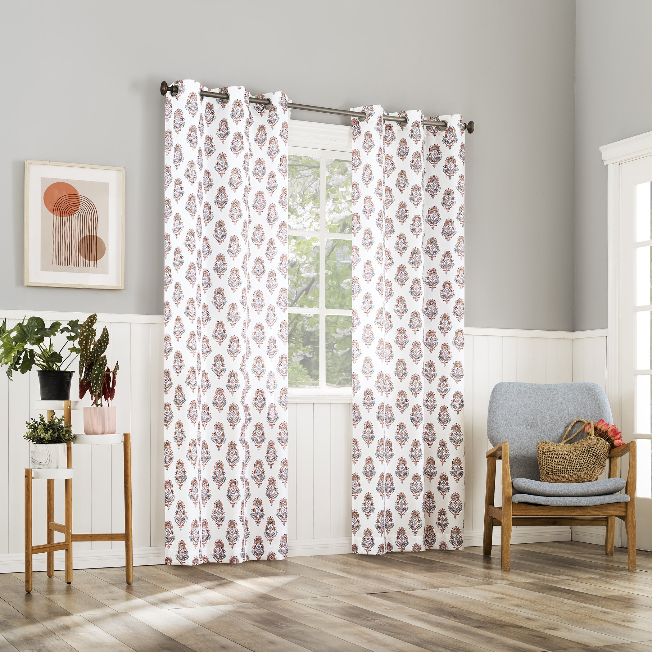 No. 918 Avie Global Medallion Semi-Sheer Grommet Curtain Panel, 40"x63", Apricot Orange