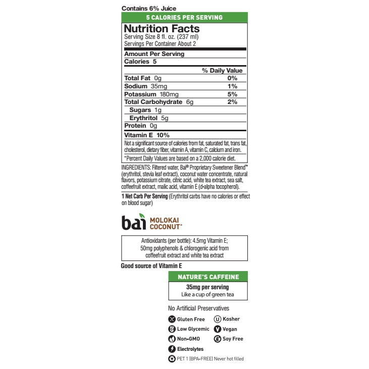 Bai Molokai Coconut Antioxidant Infused Beverage, 18 Fl. Oz., 6 Count