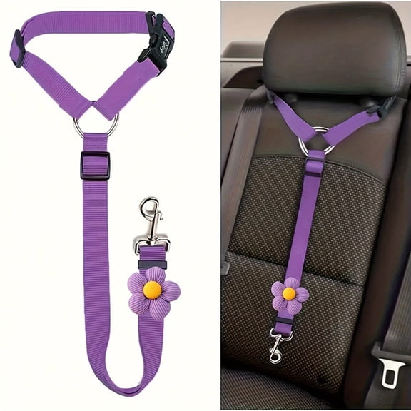 Dog Car Seat Belt with Flower Headrest Restraint Seatbelt Adjustable Pet Safety Leads for Dog Harness Collar Travel Daily Use (Purple)