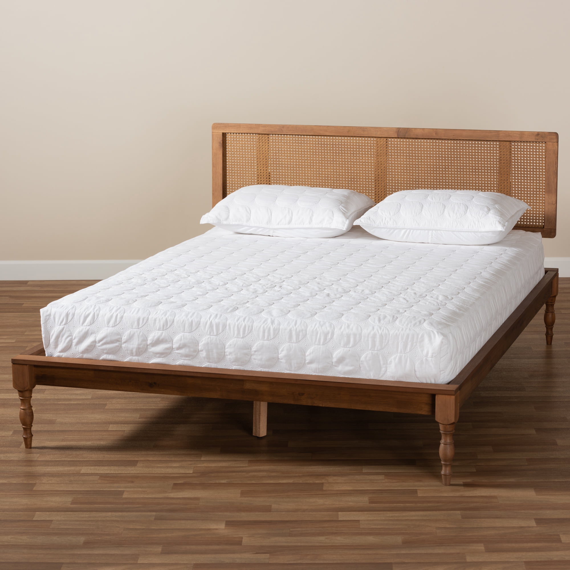 Baxton Studio Romy Vintage French Inspired Ash Wanut Finished Wood and Synthetic Rattan Queen Size Platform Bed