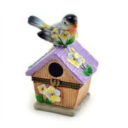 Bird Perched on Purple Floral Birdhouse Porcelain Hinged Trinket Box