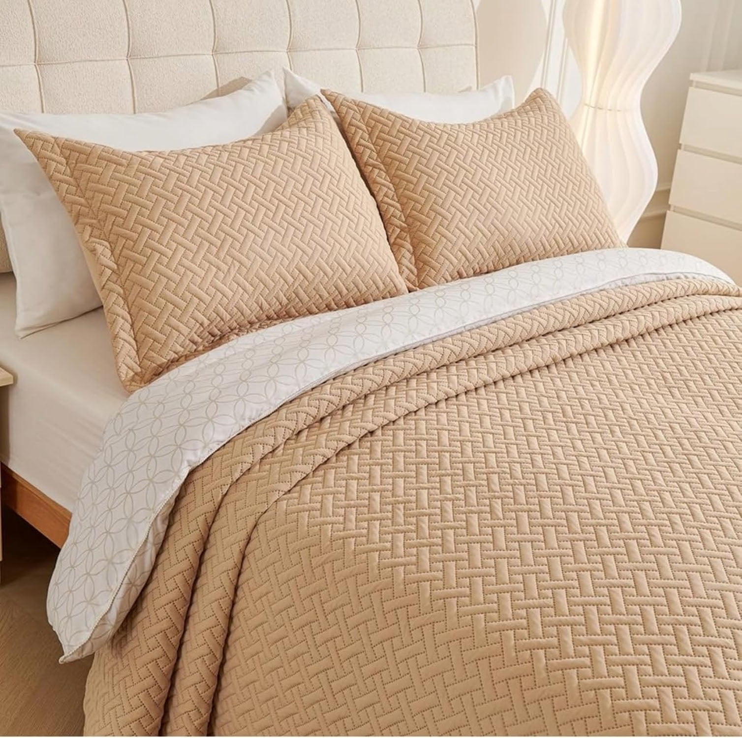 Legacy Decor Bedspread Coverlet 3 Pcs Set Oversized 118" W x 106" L King Size Beige Color