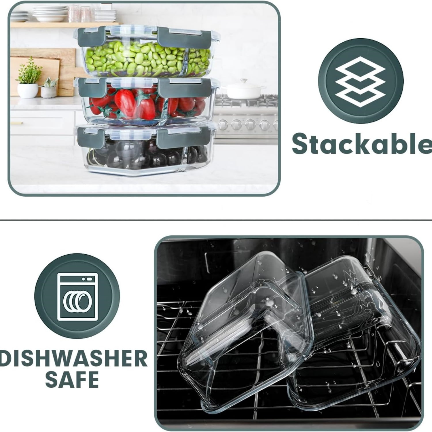10 Pack Glass Meal Prep Containers 2 Compartment Set, 30 OZ Airtight Glass Lunch Containers, Glass Food Storage Containers with Lids, for Microwave, Oven, Freezer & Dishwasher Friendly，Grey