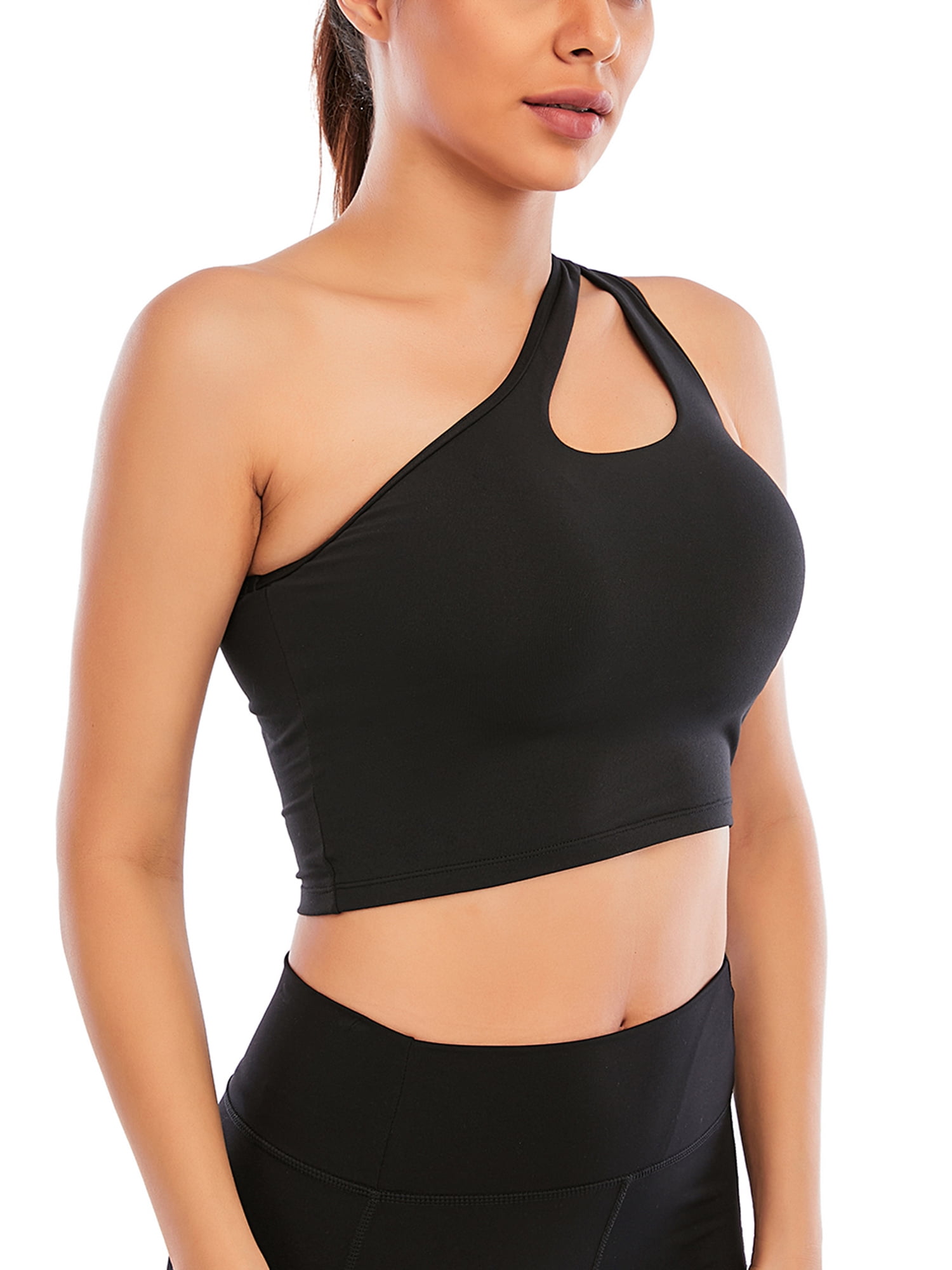 FANNYC Women's One Shoulder Sports Bras Removable Pads One Strap Crop Yoga  Top Wirefree Sexy Cute Medium Support Sports Bra For Running Active Gym