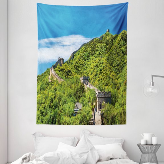 Great Wall of China Tapestry, Old Chinese Asian Building Area Panorama in Nature Exotic Scene, Wall Hanging for Bedroom Living Room Dorm Decor, 60W X 80L Inches, Turquoise Green, by Ambesonne
