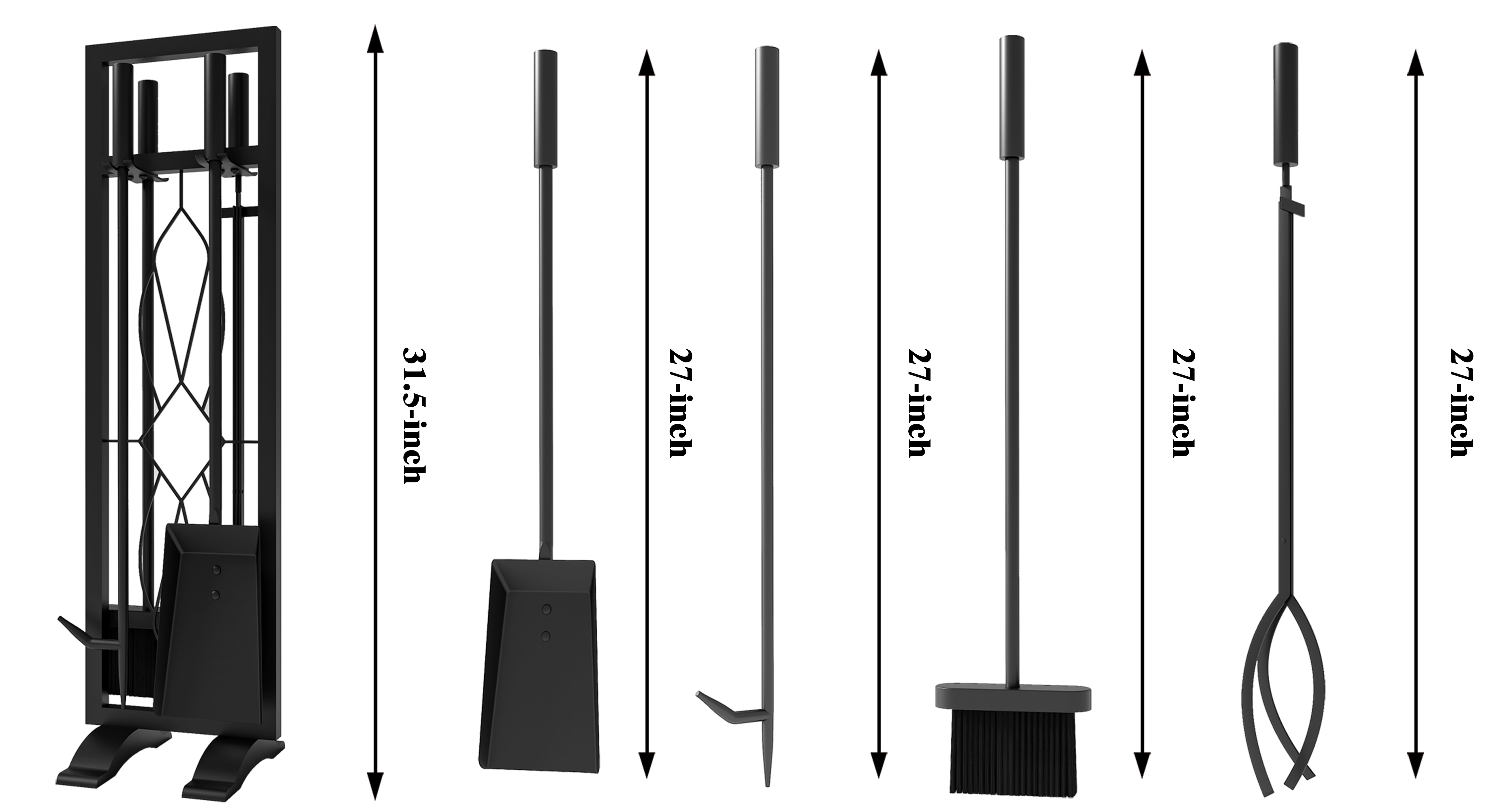 Fire Beauty 5-Piece Black Wrought Iron Fireplace Tools Set, Heavy Duty Fireside Accessories Kit with Stand, Indoor Wood Stove Fire Pit Tool Holder
