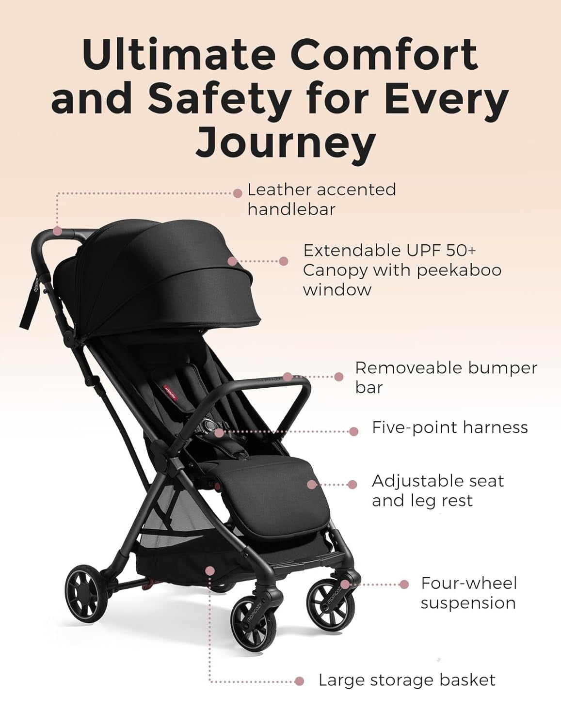 Momcozy ClickGo Lightweight Stroller, Compact Travel Stroller for Airplane with One-Click Fold, Baby Stroller and Toddler Stroller with Large Canopy for Kids from 6 Months to 50 Lbs