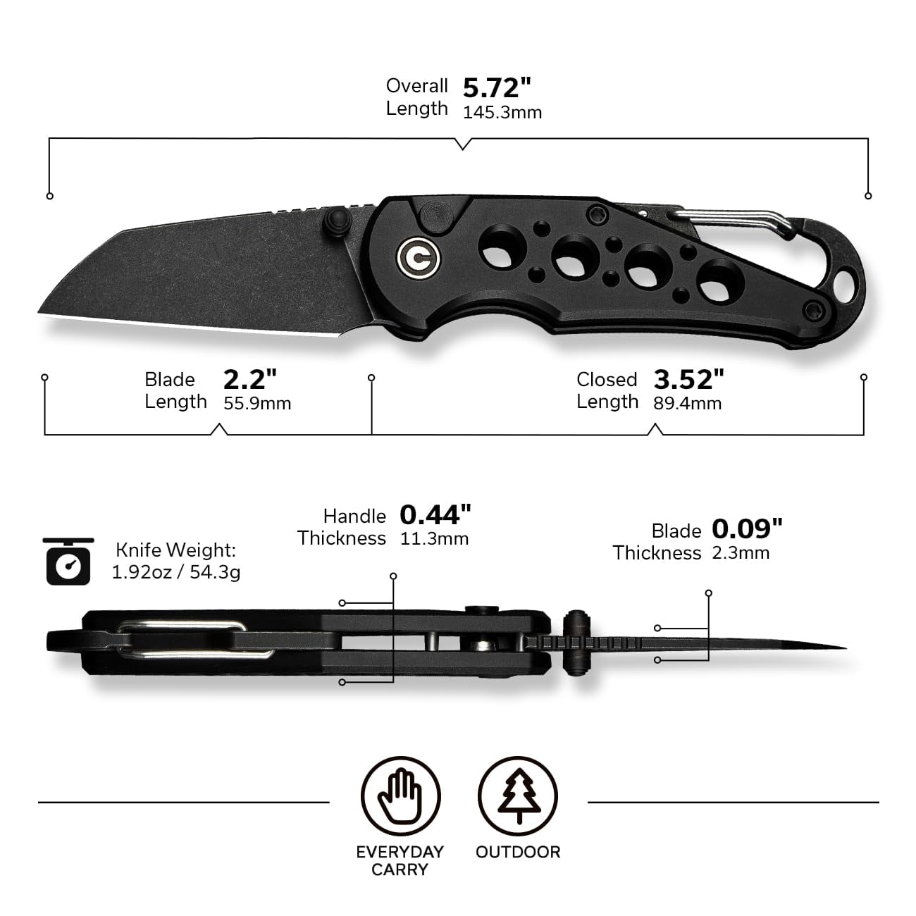 CIVIVI Pragma Folding Knife, Pocket Knife Multitool with Carabiner, Bottle Opener, 2.2" Nitro-V Blade Aluminum Handle, Ideal Gift for Men Women C23062B-1 (Black)