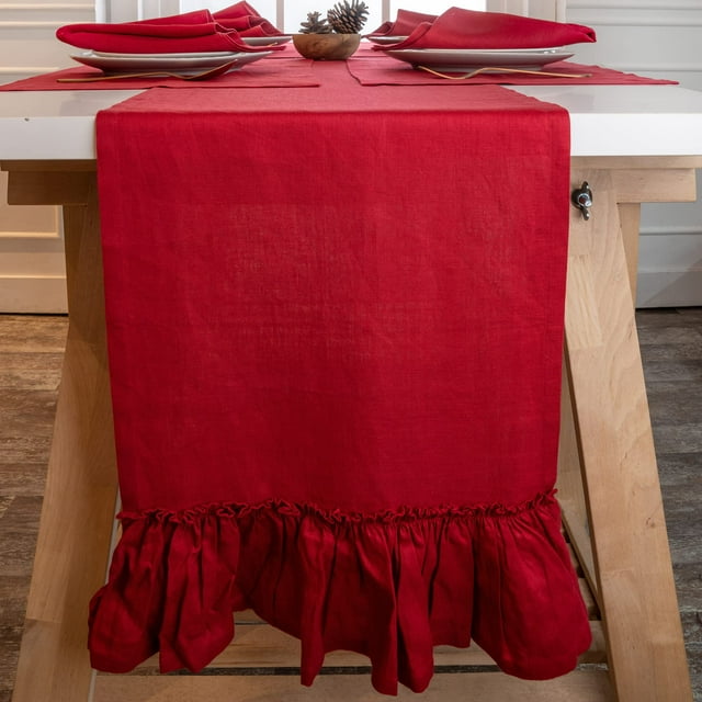 D'Moksha Lin Chemin de Table 84 Pouces de Long, Chemin de Table Rouge, Chemin de Table de Noël, Chemin de Table à Manger pour l'Automne, L'action de Grâce - Lavable en Machine, Respectueux de la Terre - Volant, 14 x 84 Pouces
