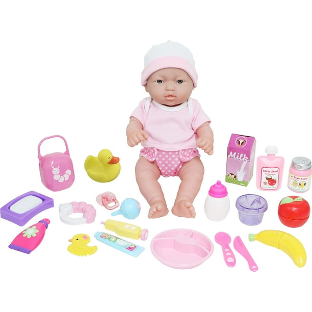 JC Toys - Guardería La Recién Nacido | Juego de regalo de lujo con canastilla de 25 piezas | Muñeca bebé de vinilo articulada realista de 12" con accesorios | Rosa | Edades 2+ (18348)