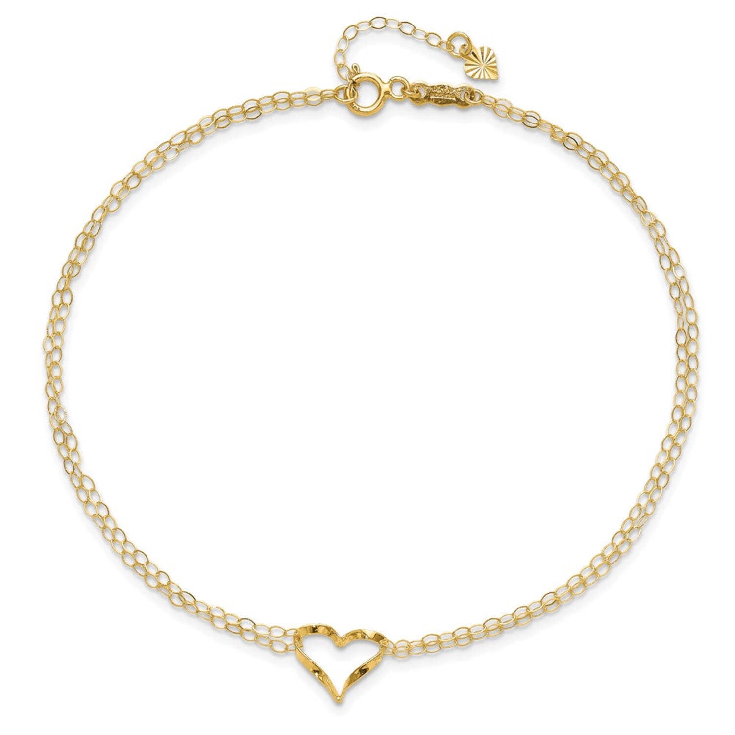 Finest Gold Double Strand Heart 14K Yellow Gold Anklet, 9 Inches, Adjustable