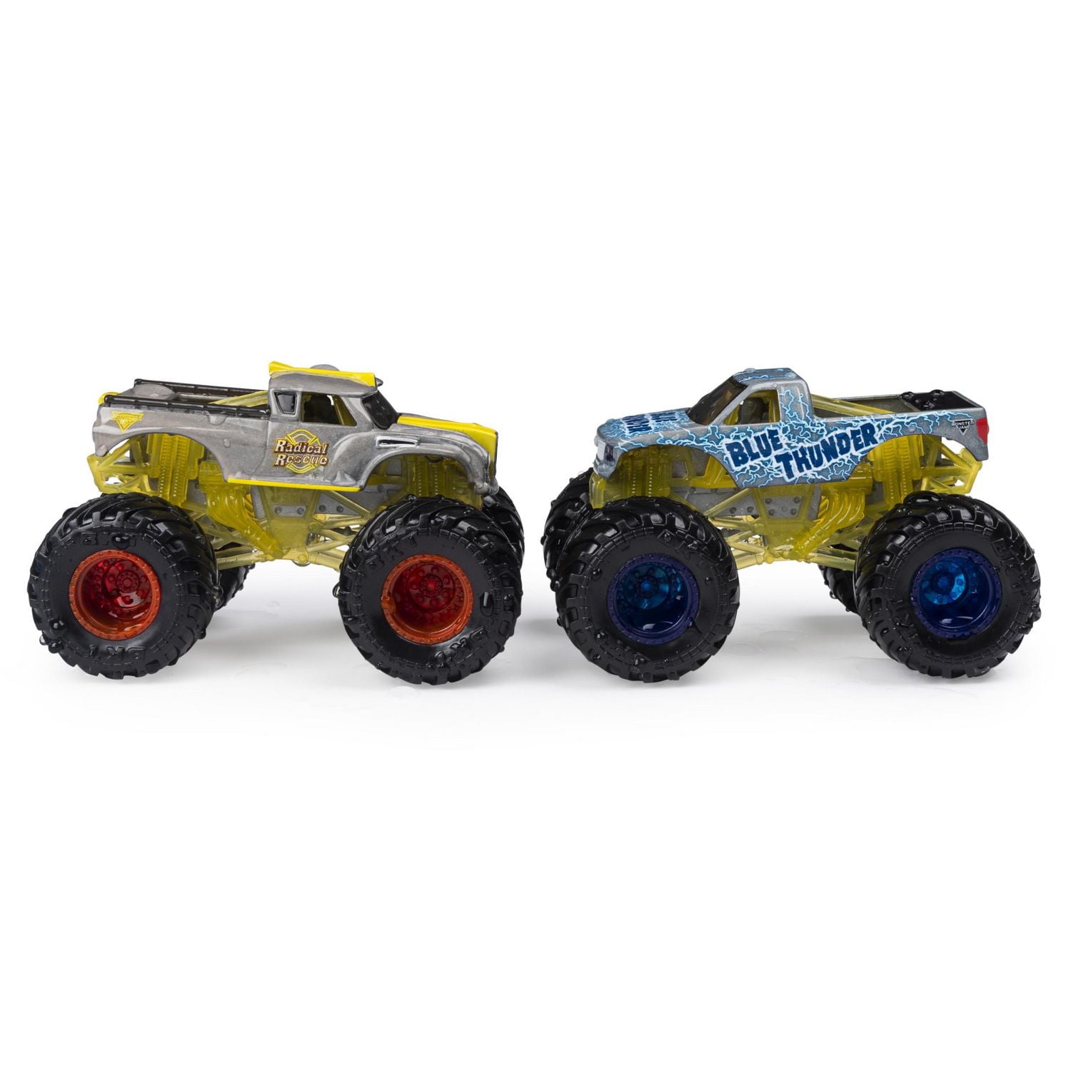 Monster Jam, Monster trucks Radical Rescue vs Blue Thunder officiels qui changent de couleur en métal moulé, échelle 1:64