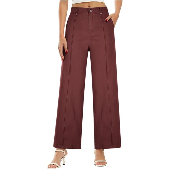 Edvintorg Womens Pants Dressy Casual Straight High Waisted Wide Leg Loose Fit Work Comfy Trousers with Pockets Women Clothing Wine S