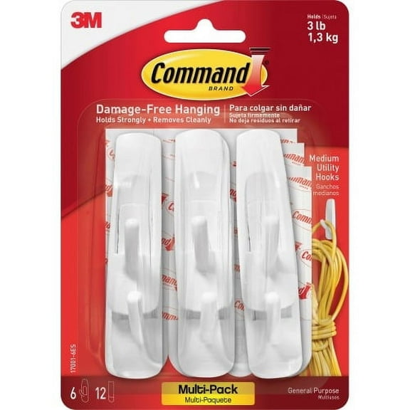 Command Medium Utility Hook Value Pack for Home, Office - White - 6 / Pack