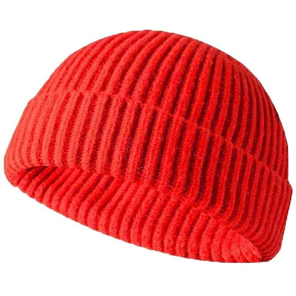 GRNSHTS Winter Knit Cuff Beanie Cap Trawler Beanie Hat Short Fisherman Skull Cap Wool Beanie for Men Women (Red)