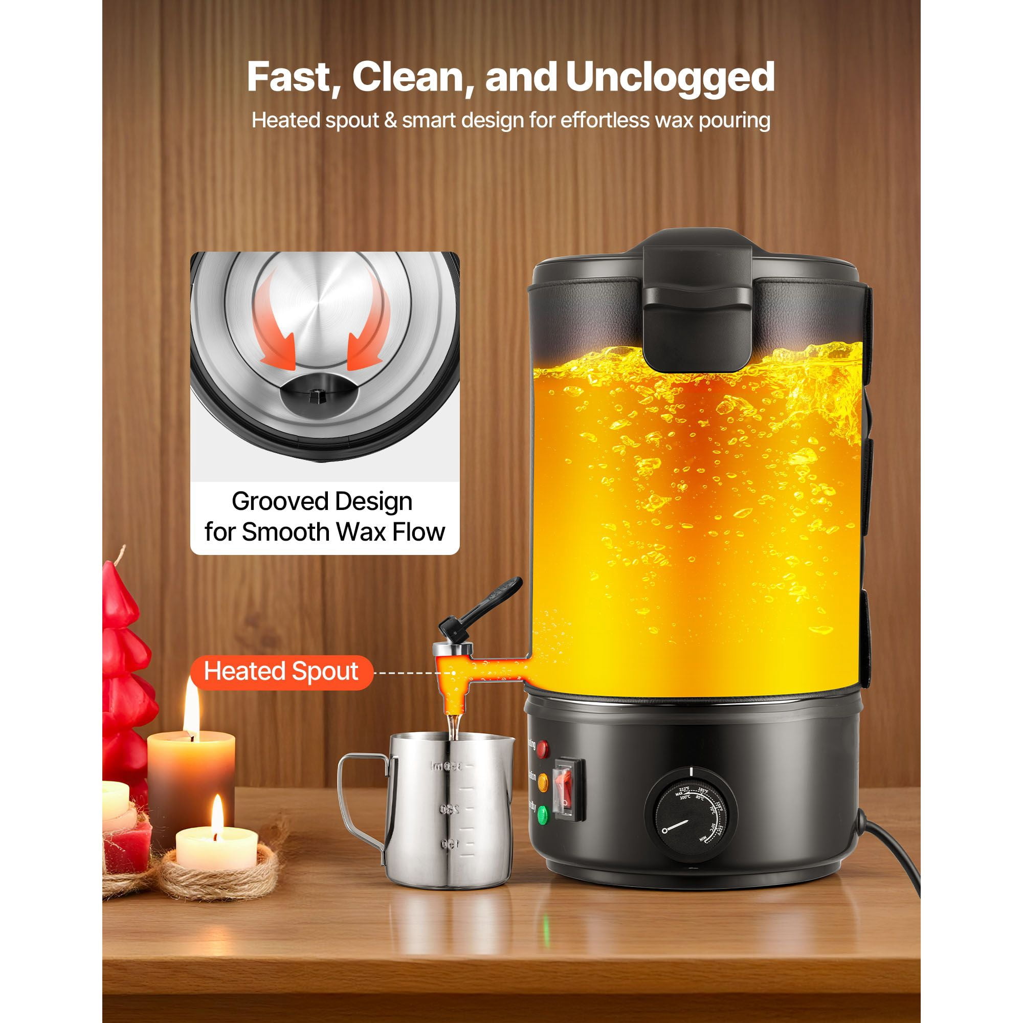 Wax Melter for Candle Making 8.5 Qts, 1100W Fast Heating, 86-230°F Temp Control, Easy Pour Spout, Grooved Base for Soap Cosmetics