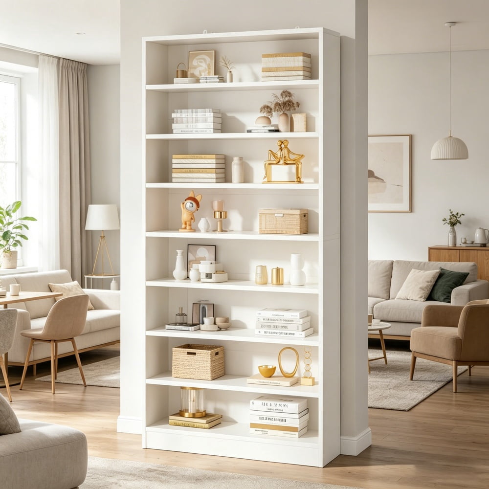 Minimalist Storage Bookshelf, E1 Particle Board Display Cabinet with Anti-Tip Device & Non-Slip Pads, Space-Saving Organizer for Living Room Bedroom Office