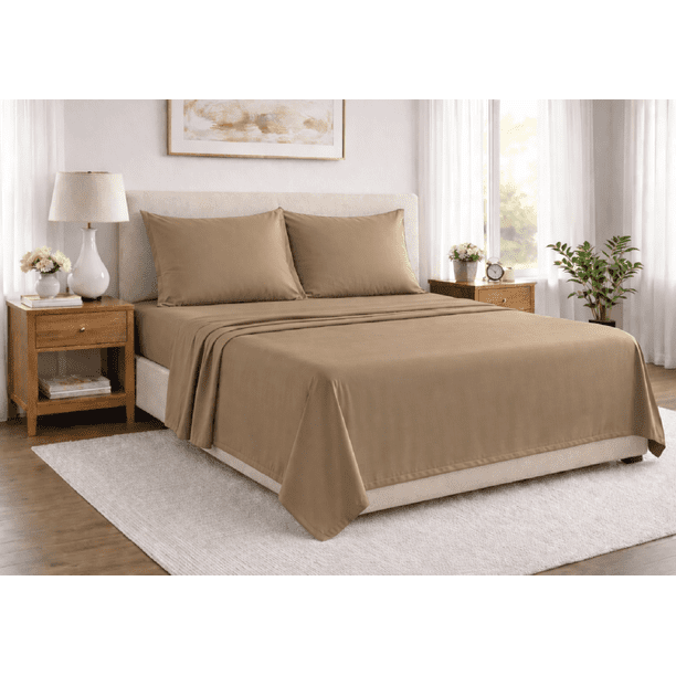Juego De Sabanas Microfibra Soft Colores Lisos Matrimonial kaki Liso Sólido