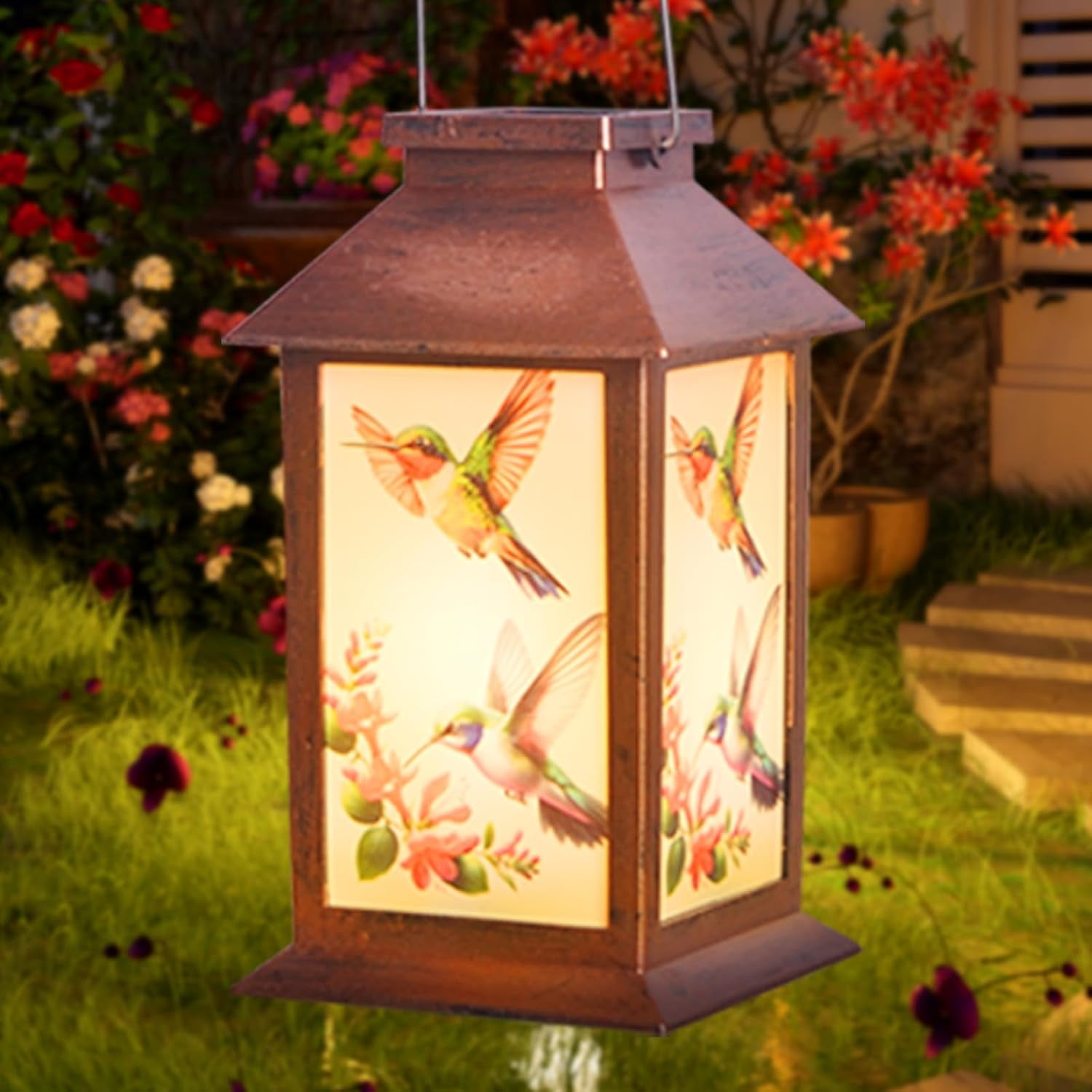 Hummingbird Solar Lantern House - Waterproof Hanging Wind Chimes Garden Lights | Geometric Cutouts, Auto On/Off Warm White for Patio/Yard/Pathway