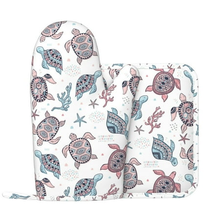 

Tribal style turtle Oven Mitts and Pot Holders Sets with 1 Non-Slip Left Silicone Oven Mitts and 1 Heatproof Insulated Hot Pads for Kitchen Use in Cooking Baking Grilling