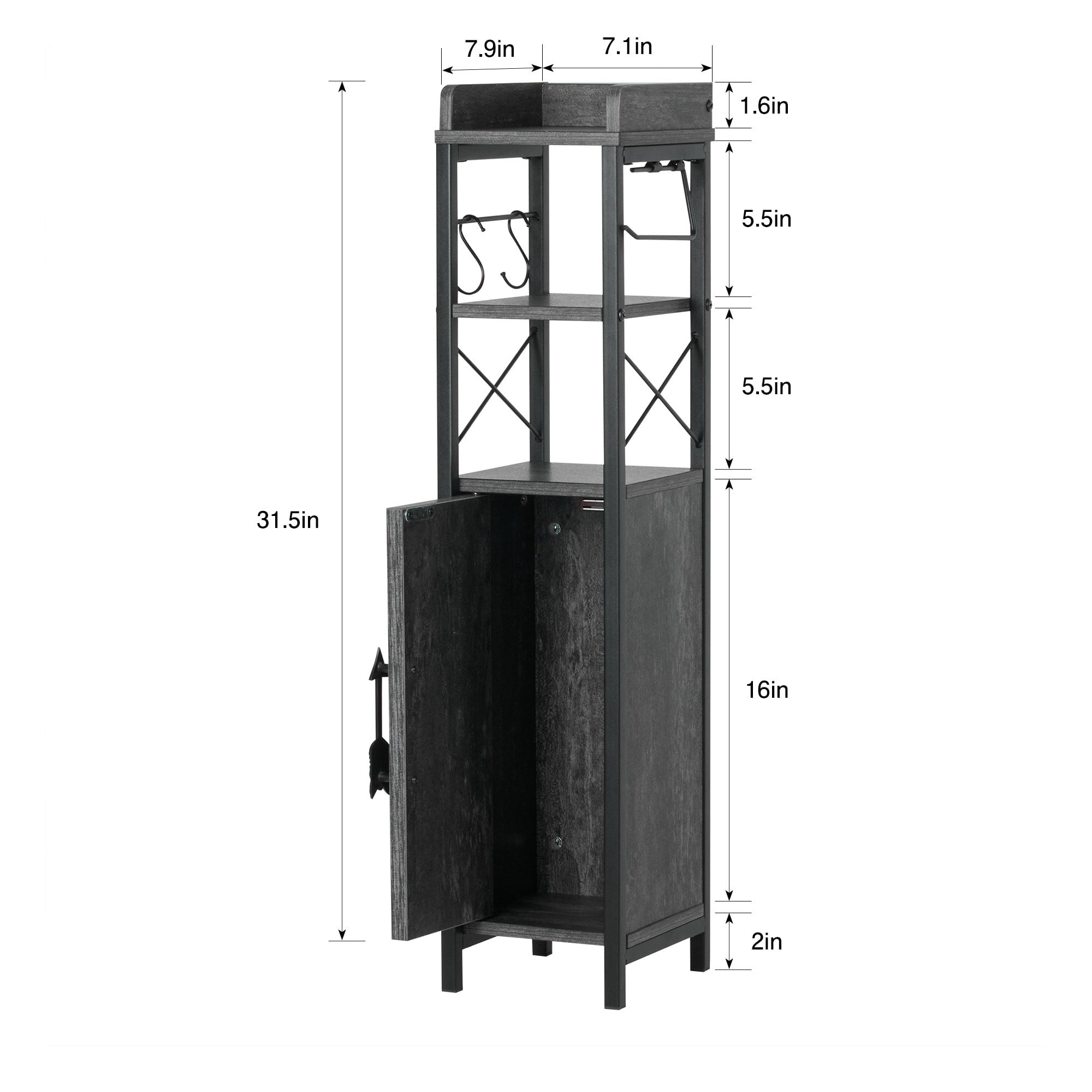 VECELO Bathroom Storage Cabinet with Toilet Paper Holder, 3-Tier Open Shelves Bathroom Organizer with for Small Spaces, Charcoal Grey