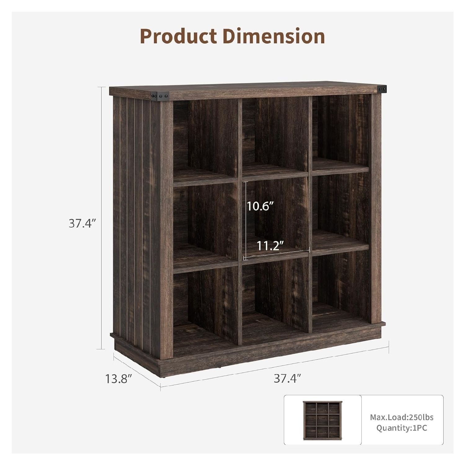 9 Cube Storage Organizer Bookshelf, 4 Tier Farmhouse Horizontal Bookcase, 37.4 Inch Wood Storage Bookcase for Entryway, Long Low Bookshelves for Living Room