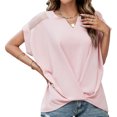 thumbnail image 1 of Camiseta de manga corta para mujer, dobladillo con nudo cruzado, costura de malla en los hombros, Top informal con cuello en V de verano, 1 of 6