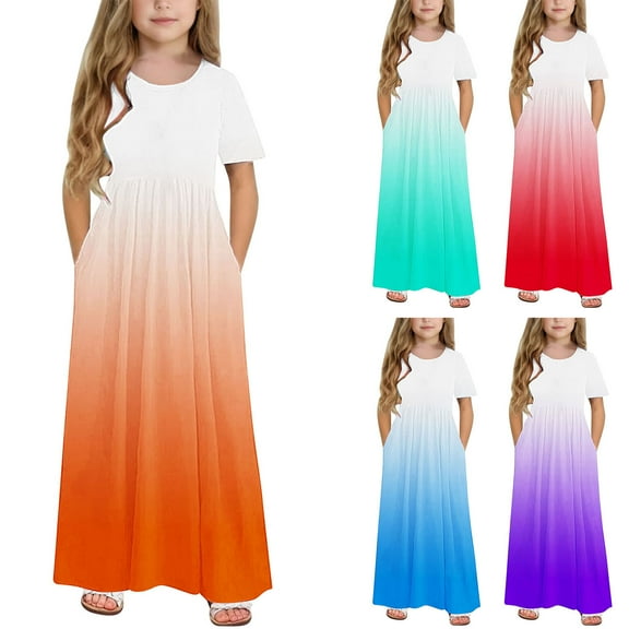 Sentmoon Girls Formal Dresses Size 10-12 Summer Stylish Round Neck Party Dress for Girls Puff Sleeve Loose Gradient Color Hawaiian Teen Girl Dresses for Beach Green 9 Years