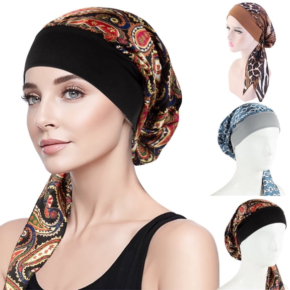 3Pcs Chemo Head Scarf Caps, Muslim Bandana Stretch Turban Hat, Pre Tied Headwear Scarf for Women (Black, Blue, Brown)