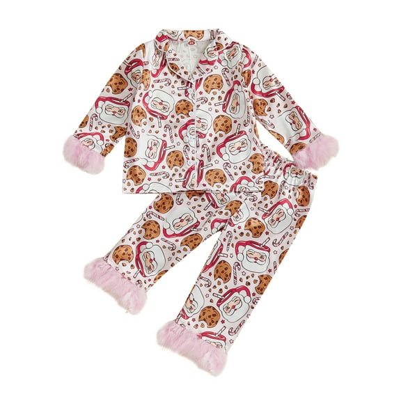 BemeyourBBs Girl Christmas Pajamas Feather Cuffs Santa Long Sleeve Tops Pants