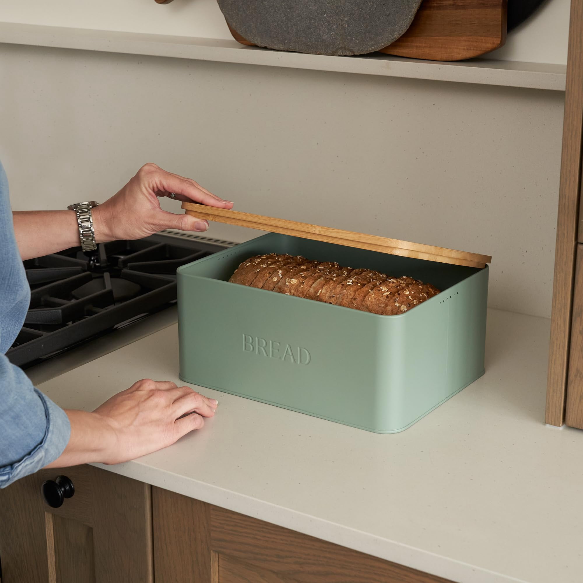Stylish Bread Box with Wooden Lid for Kitchen Countertop, Spacious Storage Container for Homemade Bread Muffins Bagels, Premium Cutting Board Lid Keeps Bread Fresh