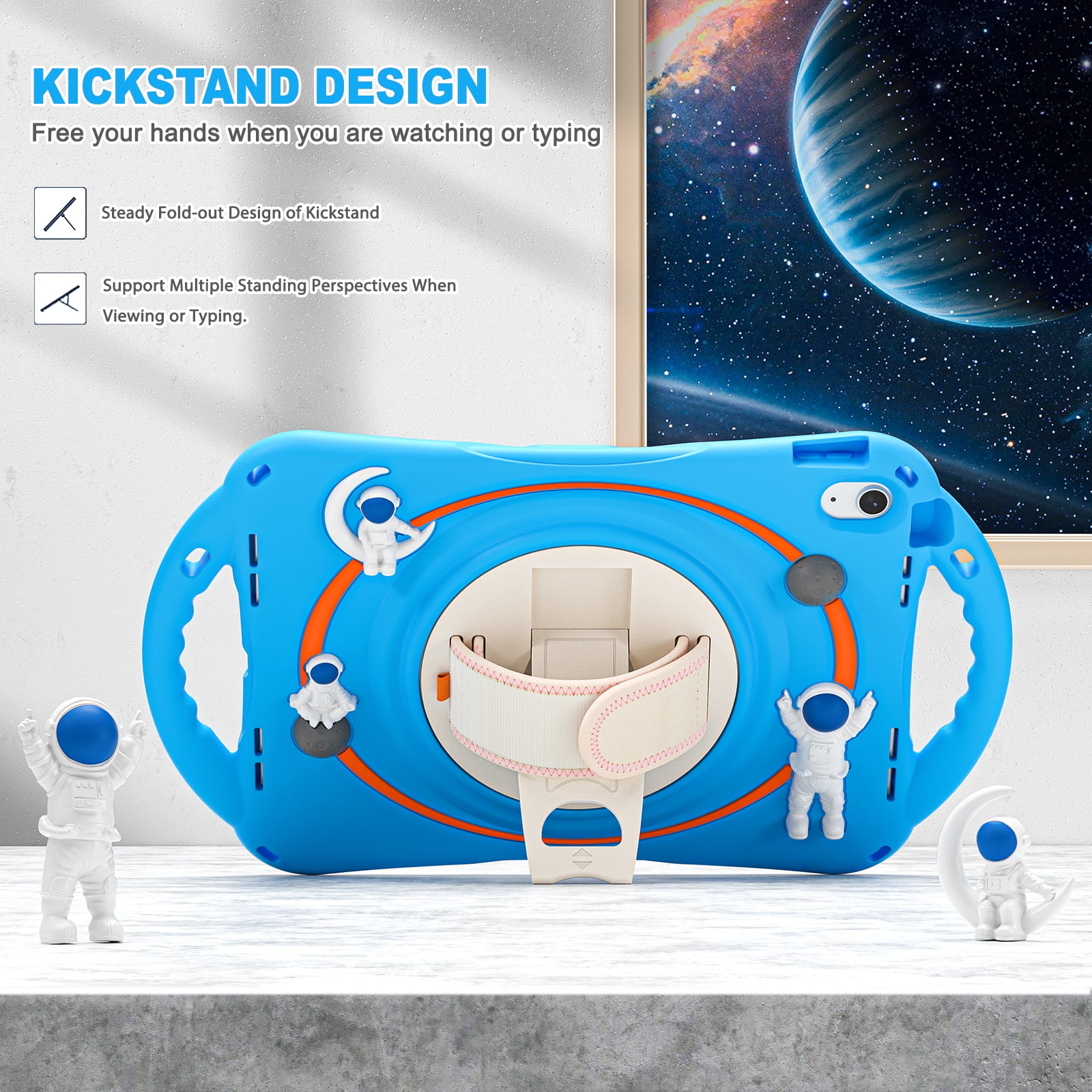 ELEHOLD for iPad 6th/5th Generation 9.7 inch Kids Case, Heavy Duty Pencil Cap Holder Kickstand 360° Rotating Hand Strap Carrying Shoulder Strap Shockproof Child-Proof Rugged Case, Blue