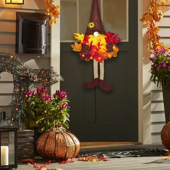 Qocolhg 27in Fall Gnome Wreath for Front Door with Maple Leaves and Flower, Welcome Sign Artificial Autumn Thanksgiving Harvest Festival Farmhouse Indoor Outdoor Party Decorations