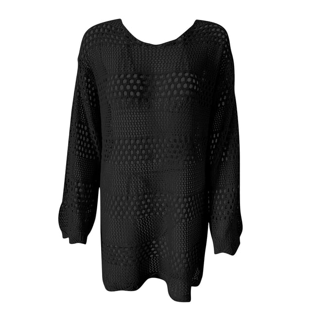 cfhntfmh Robes de Plage pour Femmes Été Mode Ajourée Couvre-Maillot U.S Douce à Manches Longues Col Ras du Cou Robe Mini Tricotée