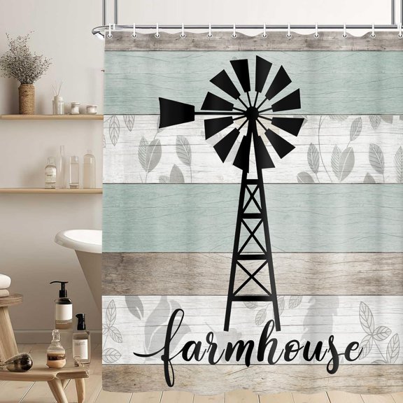 Farmhouse Shower Curtain, Vintage Windmill on Rustic Wooden Plank Bathroom Curtain, Country Wooden Plank Polyester Fabric Shower Curtain Set with Hooks, 36x72inches