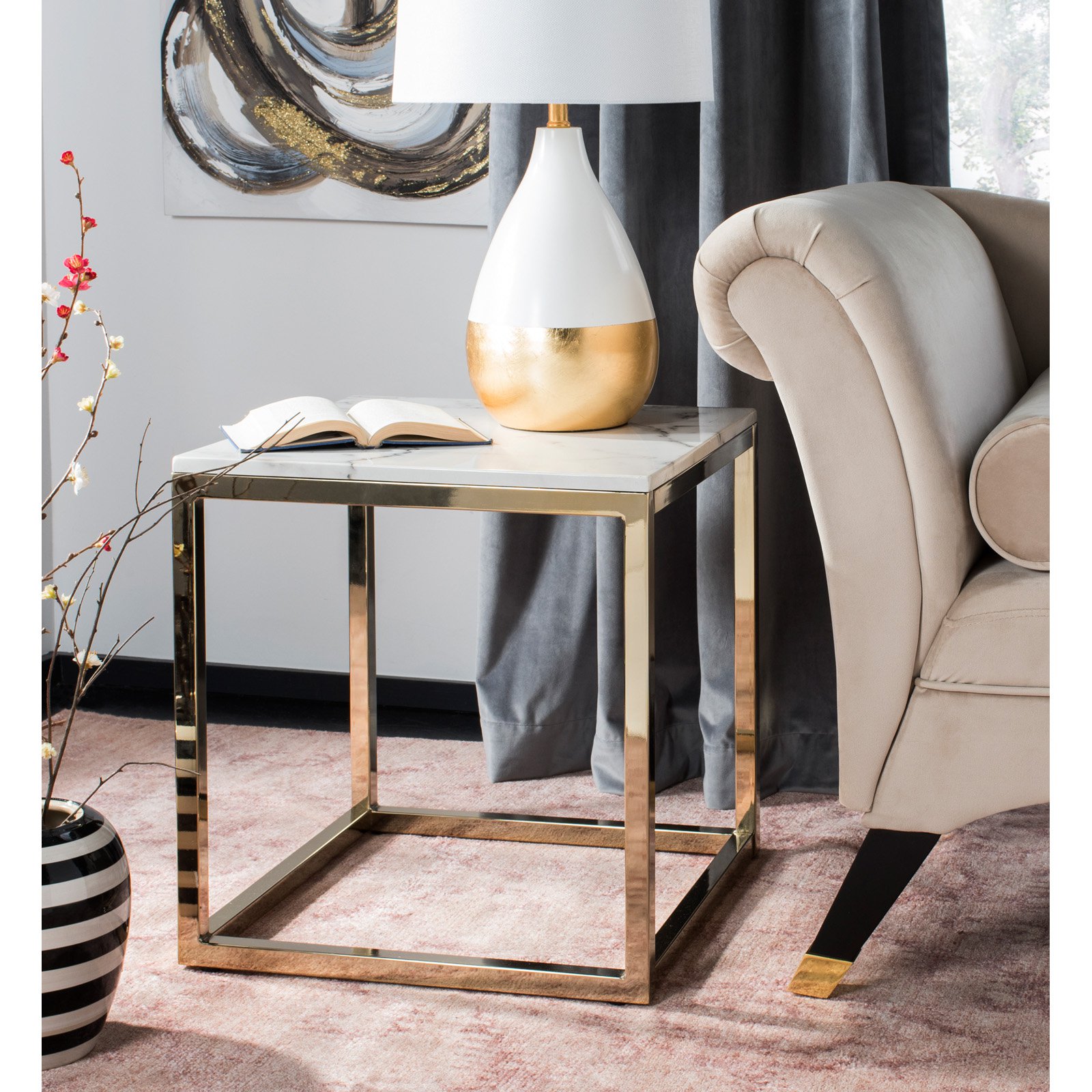 SAFAVIEH Bethany Square Modern Glam End Table, White Marble/Brass - image 2 of 11