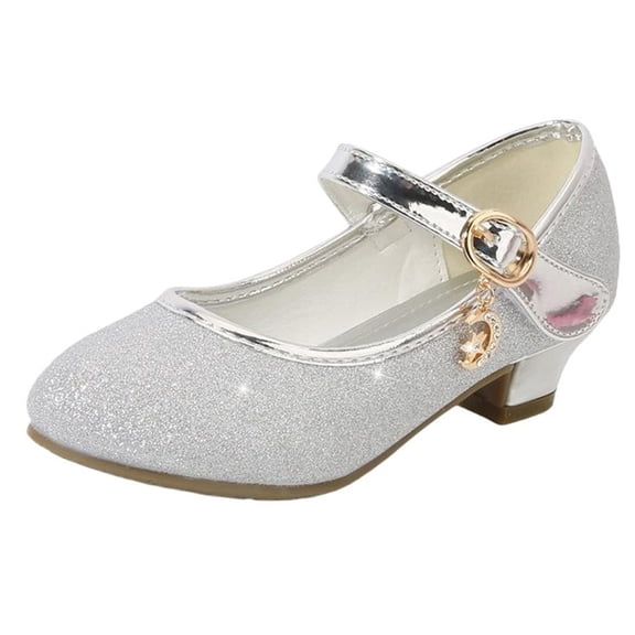 SYMSHOES Girls Silver Glitter Mary Jane Shoes, Metallic Sparkly Low Heel Party & Dress Shoes for Kids with Adjustable Buckle Star Charm,Size 13.5 M