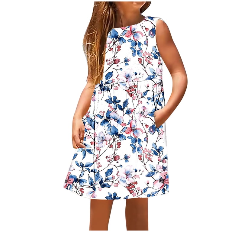 LADIGASU Girls Sleeveless Summer Dress with Pockets, Above Knee Casual Play Dress for Toddlers and Kids, Soft Jersey Knit Fabric, Machine Washable,