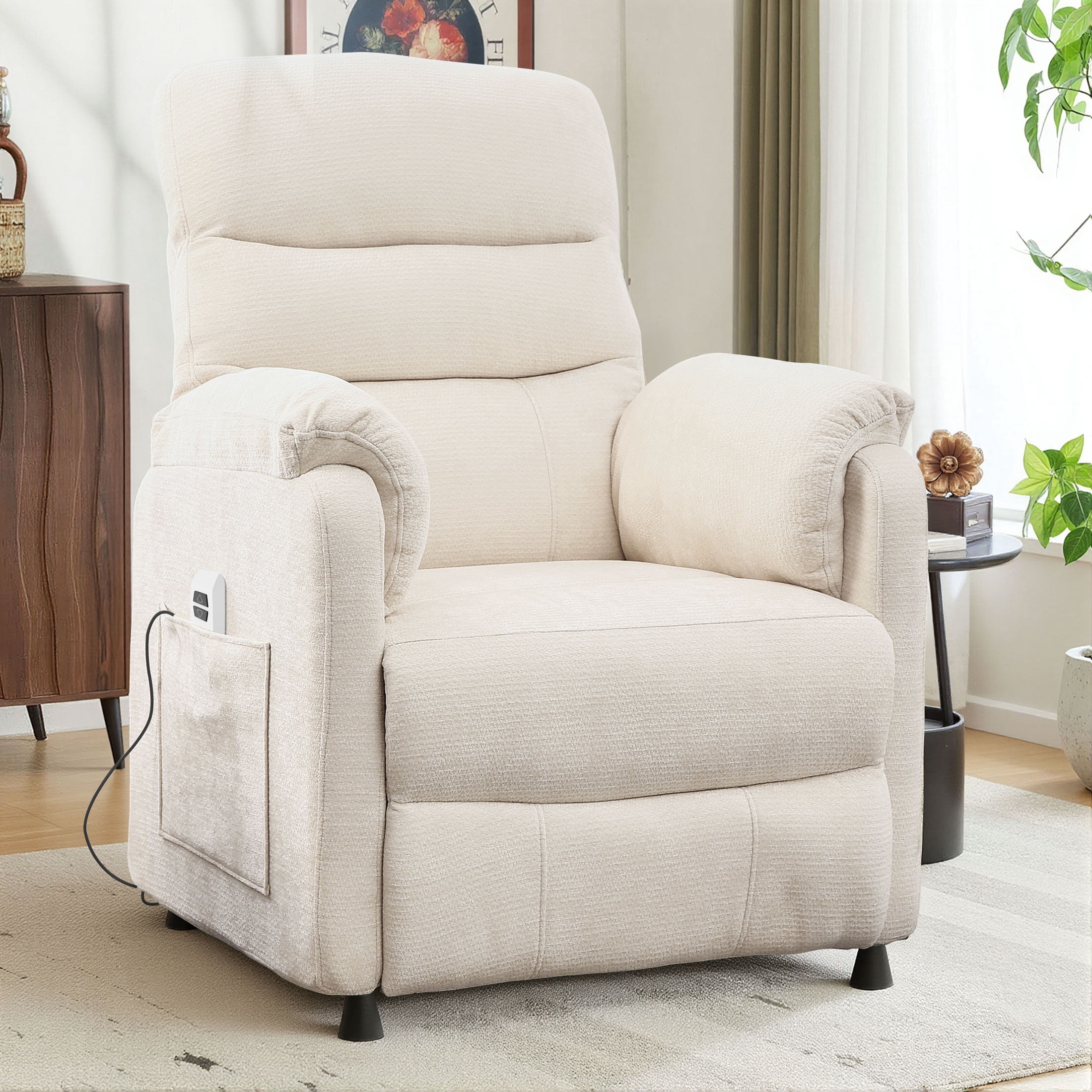 Power Recliner Chair, Holaki Electric Power Recliner with Side Pocket and Remote, Modern Chenille Fabric Recliner Chairs for Adults, Small Recliner for Small Space Nursery Living Room, Beige