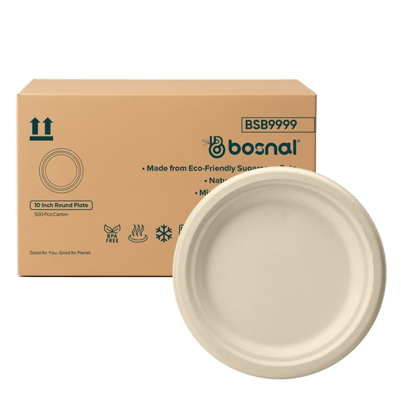BOSNAL 10 inch Round Compostable Dinner Plates, Bulk Box of 500 Pcs (20 Sets of 25), Sugarcane Bagasse Disposable Plates, Microwave Safe