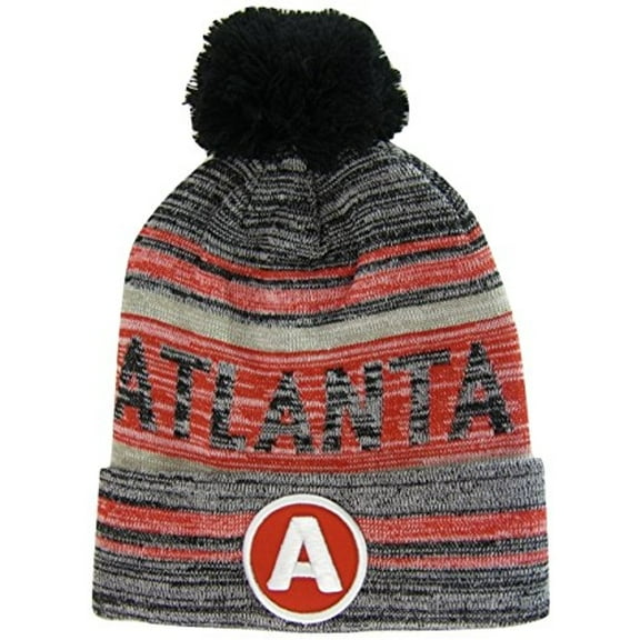 Atlanta A Patch Fade Out Cuffed Knit Winter Pom Beanie Hat (Gray/Red)