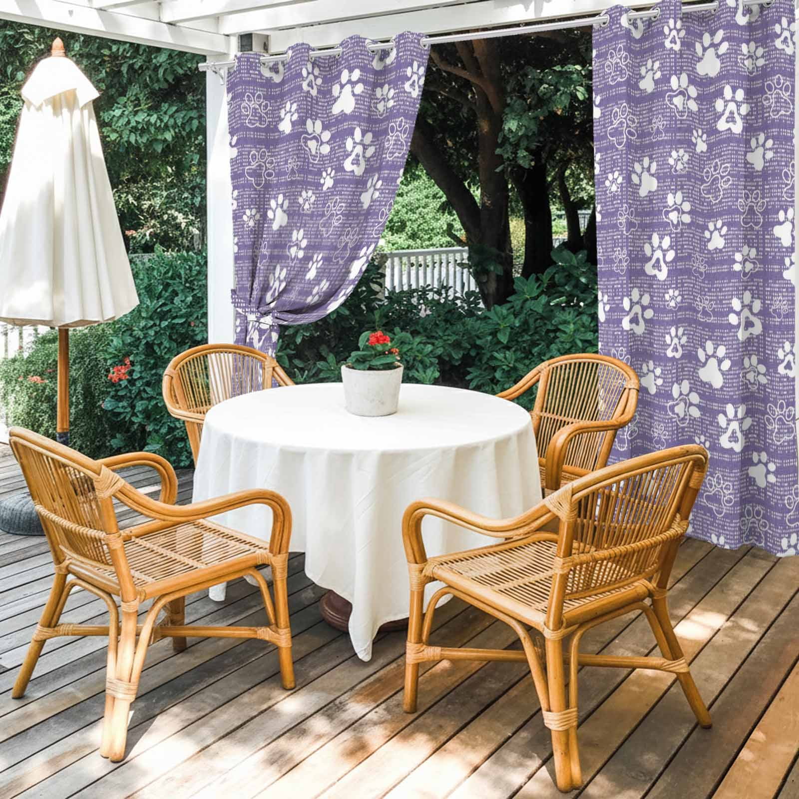Purple Paw Print Outdoor Curtains for Patio, Modern Classic Purple White Animal Large Paw Pattern Plaid Sunshade Privacy Drapes Grommet Waterproof Outside Curtains for Porch Balcony 54"x108", 1 Panel