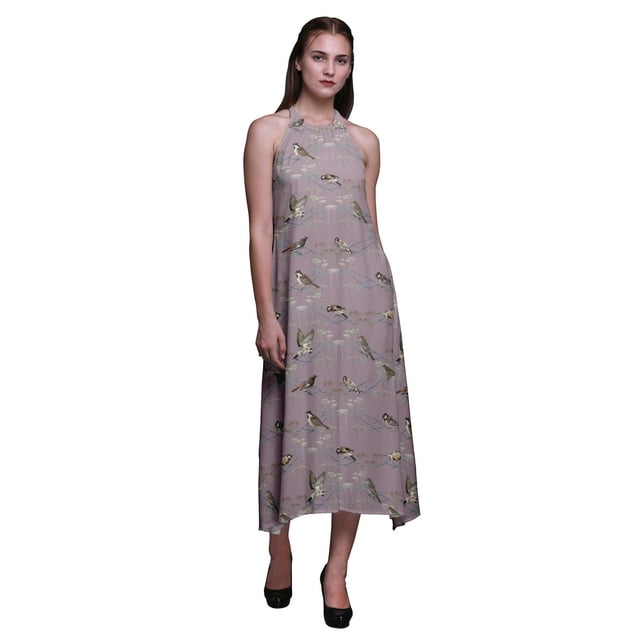 Bimba Bird Causal Long Backless Halter NeckDressWomen Printed BeachDress-Small