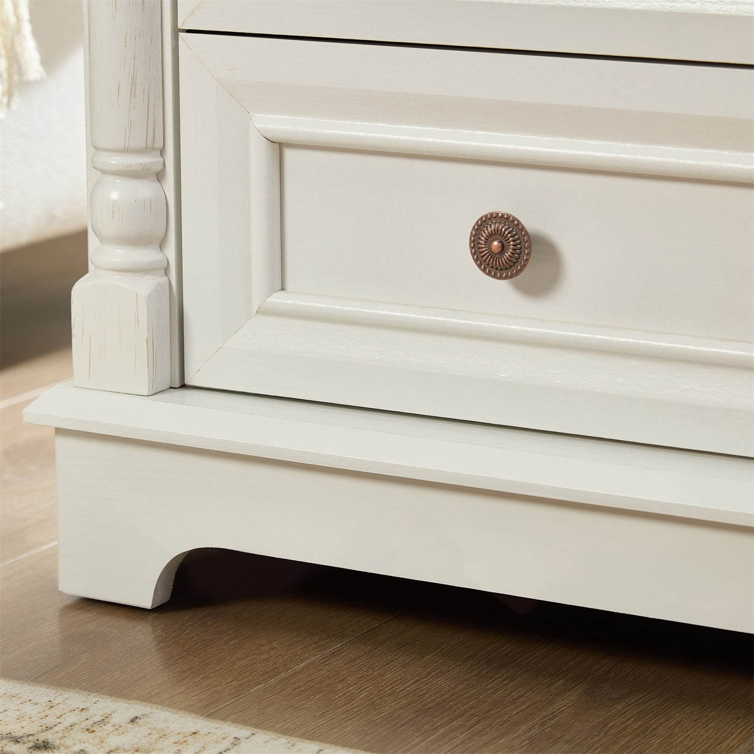 Hommoo Farmhouse Style 2-Drawer Side Table with Storage, Charging Pedestal & Roman Posts Decoration, Rustic Wood Square Nightstand Chest of Drawers for Living Room, Bedroom, Office, White