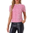 thumbnail image 1 of INSPIRAR CHIC Blusa de terciopelo con lentejuelas para mujeres, cuello redondo, manga corta, ropa de fiesta y club, color rosa M, 1 of 6