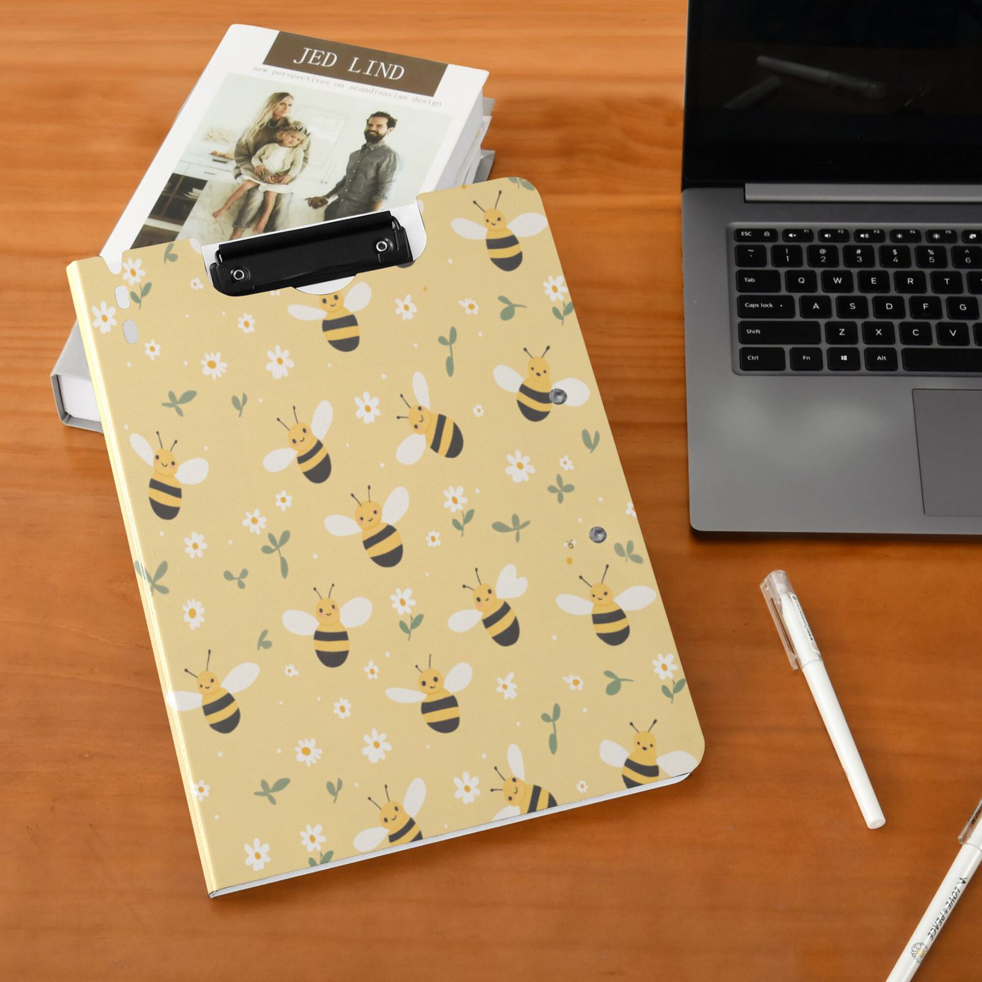FORMRS A4 Clipboard Folder with Pen Holder Horizontal Foldable School Office Binder, Cute Bee Pattern