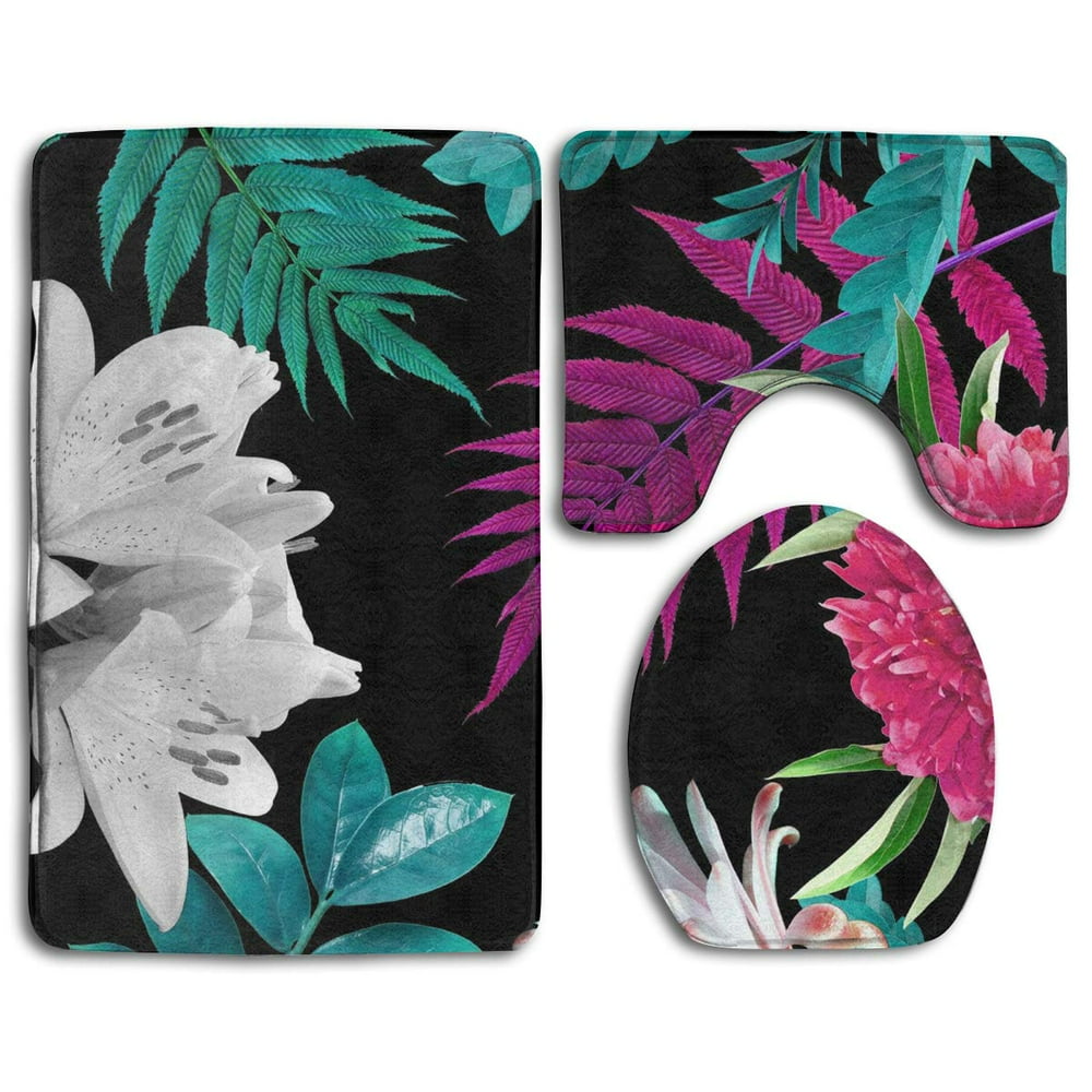 PUDMAD Beautiful Elegant Flower 3 Piece Bathroom Rugs Set Bath Rug