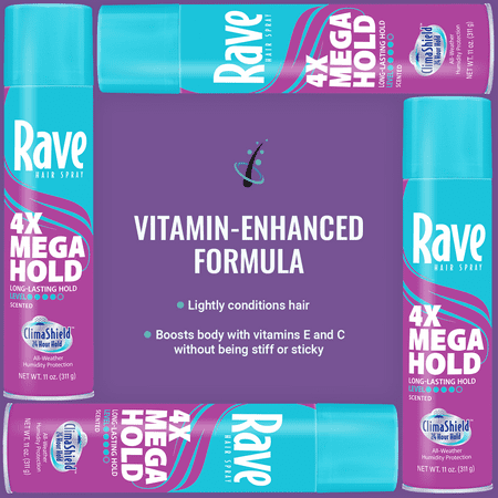 Rave 4X Mega Hold Scented Hair Spray, All-Weather Protection with Vitamin-Rich Formula, 11 oz