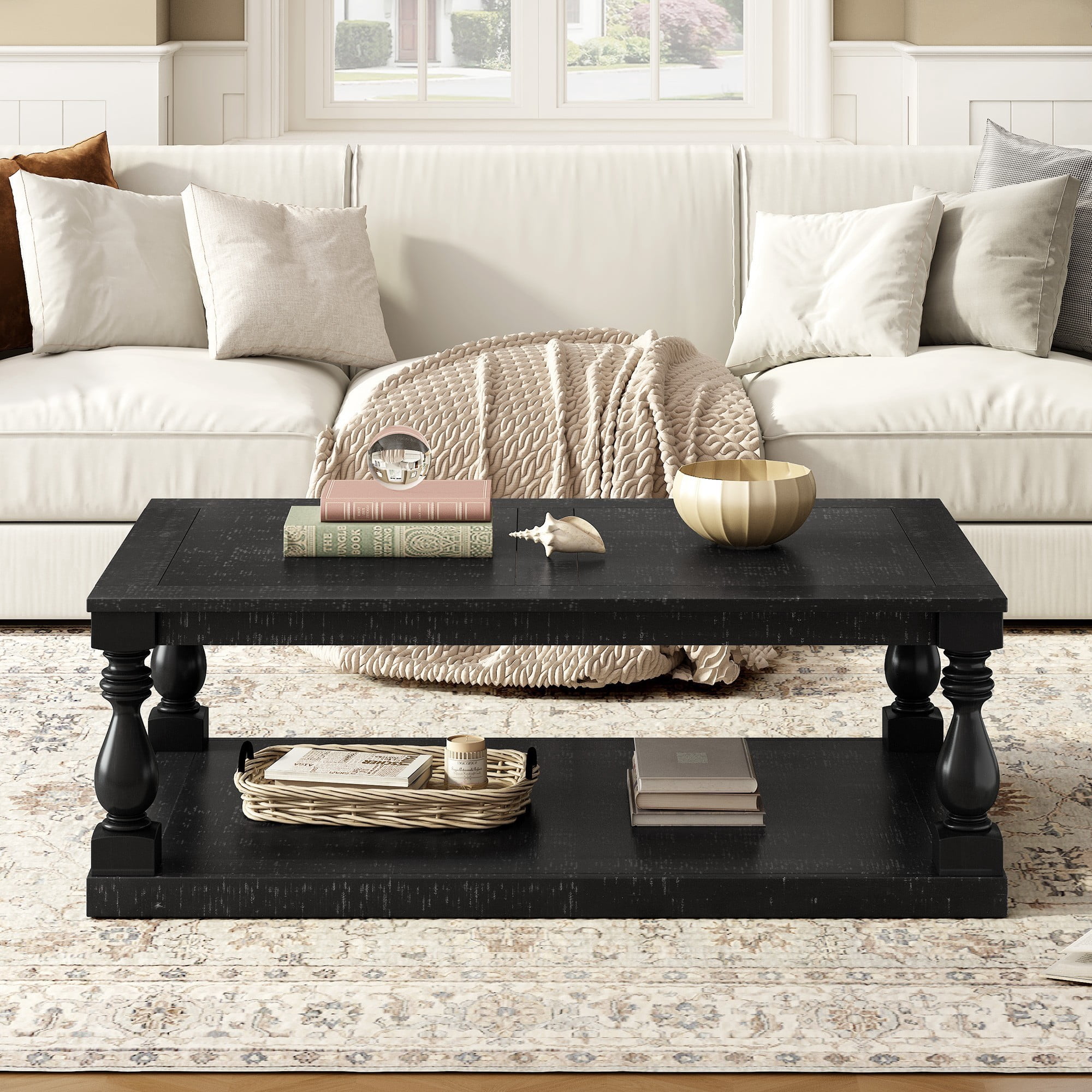 Vintage Coffee Table with Vase Column Legs, Wood Coffee Table with Pine Veneer Top, Decorative Center Table for Living Room Study Room, Black