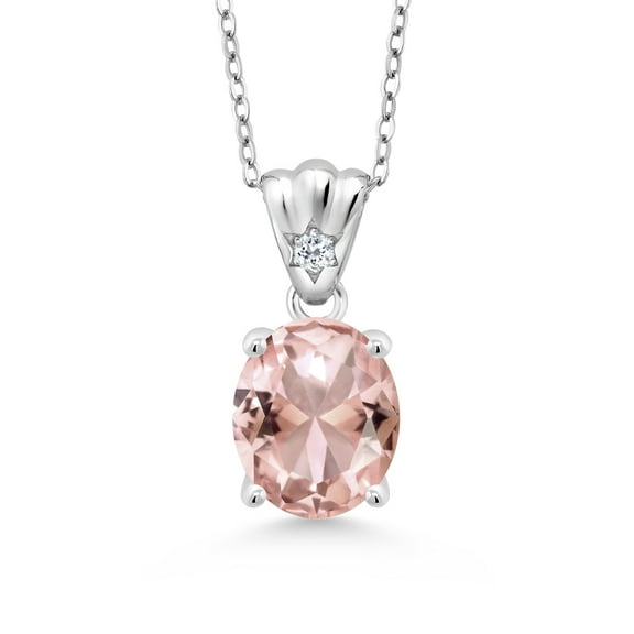 Gem Stone King 925 Sterling Silver Peach Simulated Morganite and White Topaz Pendant Necklace for Women (3.92 Cttw, Oval 11X9MM with 18 inch Silver Chain)